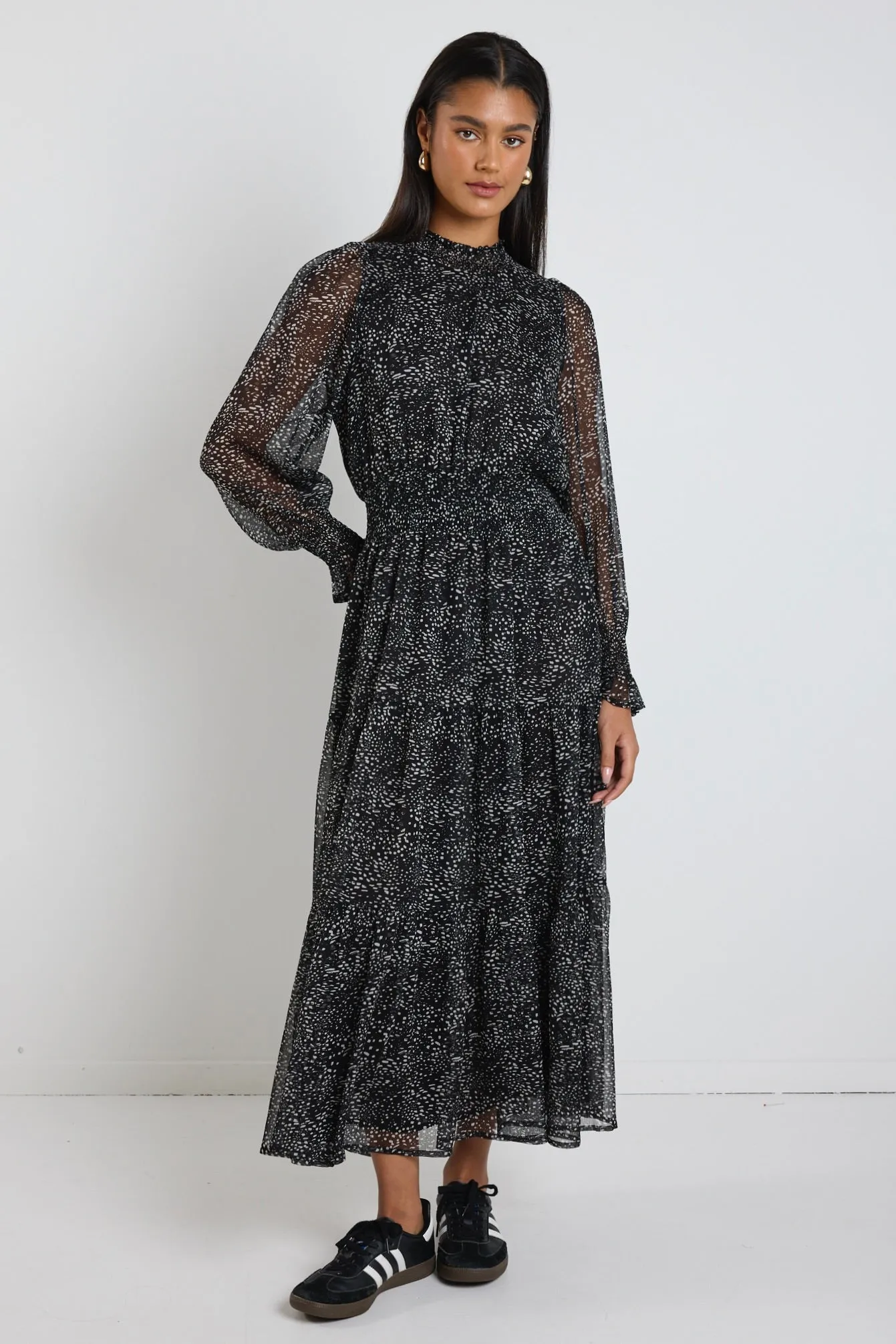 Ebony Black Grey Spot LS Shirred Neck Midi Dress