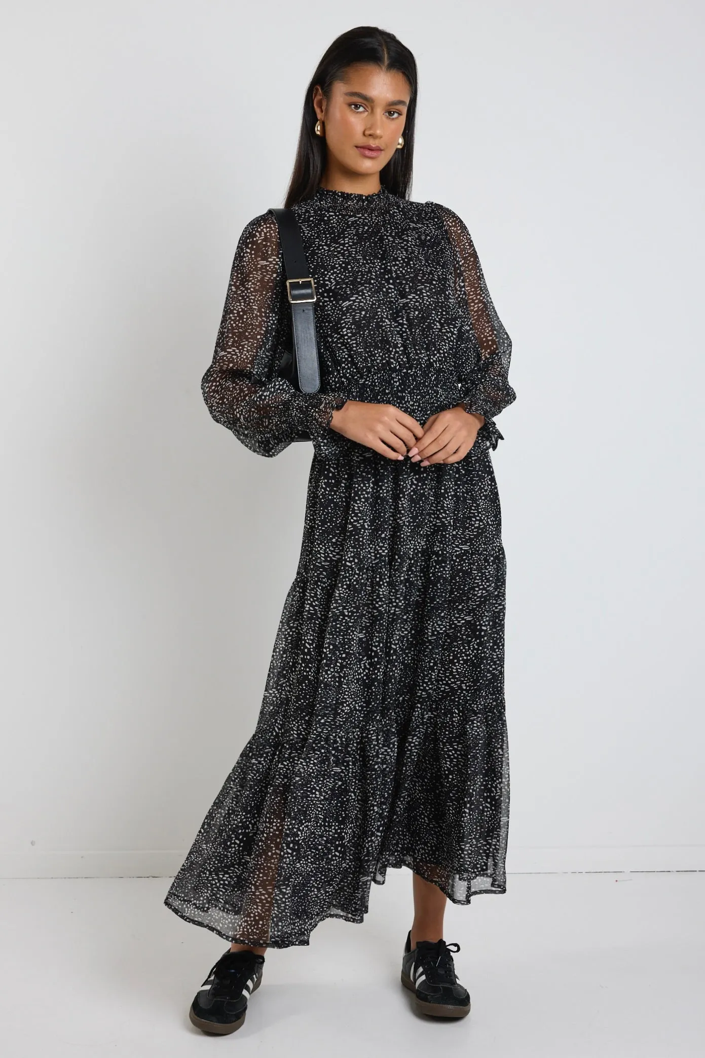 Ebony Black Grey Spot LS Shirred Neck Midi Dress