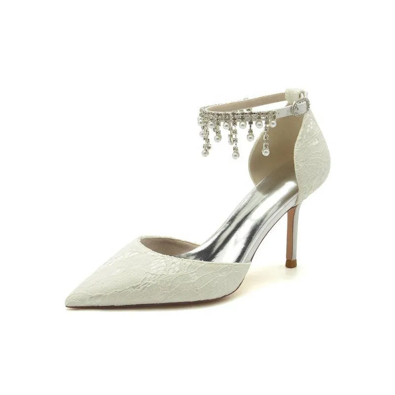 Elegant Ankle Strap Pearl Beaded Wedding Shoes