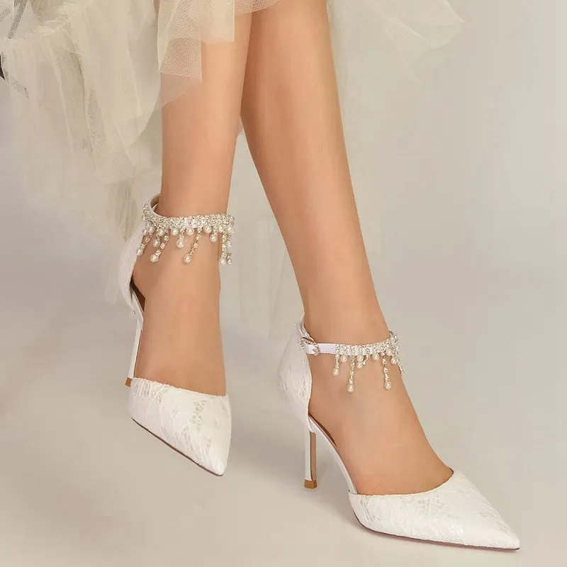 Elegant Ankle Strap Pearl Beaded Wedding Shoes