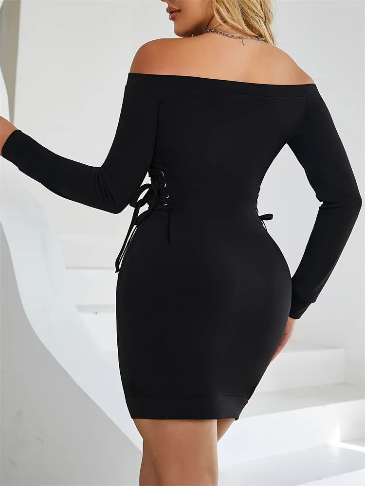Elegant Off-Shoulder Bodycon Dress with Lace-Up Waist Detail