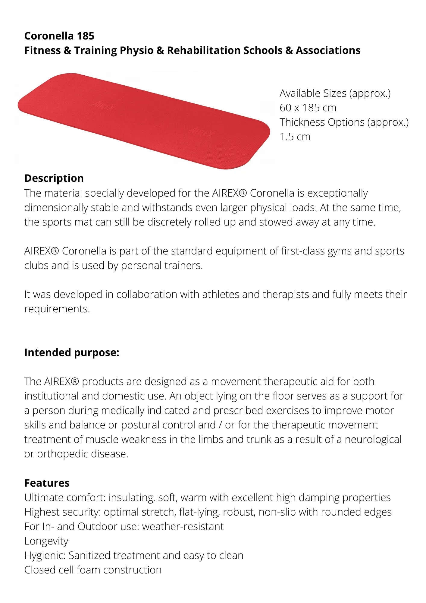 Exercise Mat 185cm | Airex Coronella