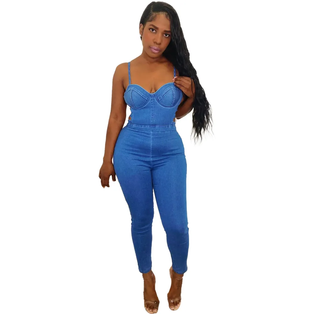 Faith Sleeveless Bustier Cutout Denim Skinny Jumpsuit