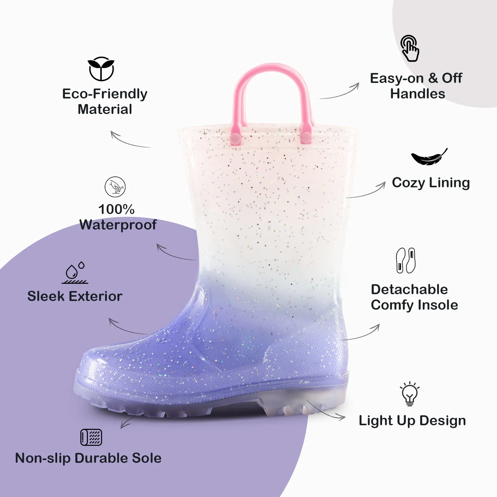 Fashion Light Up Kids Rain Boots with Handles