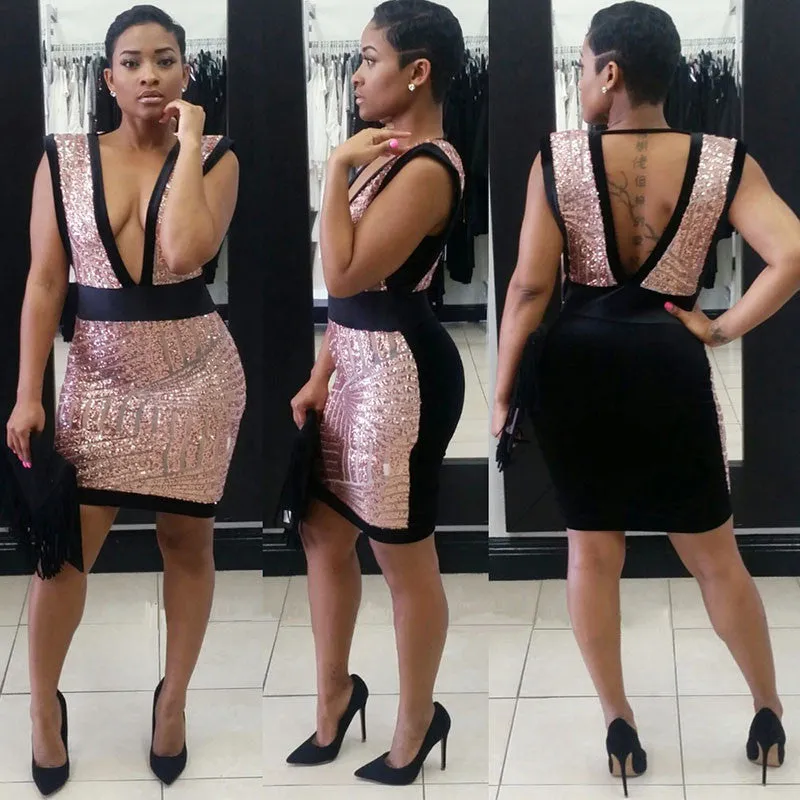 Geometric Backless Sequins Deep Plunge Zipped Back Mini Party Dress