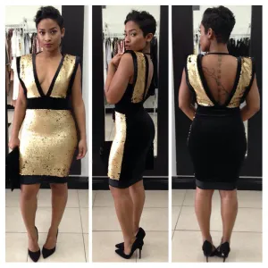 Geometric Backless Sequins Deep Plunge Zipped Back Mini Party Dress