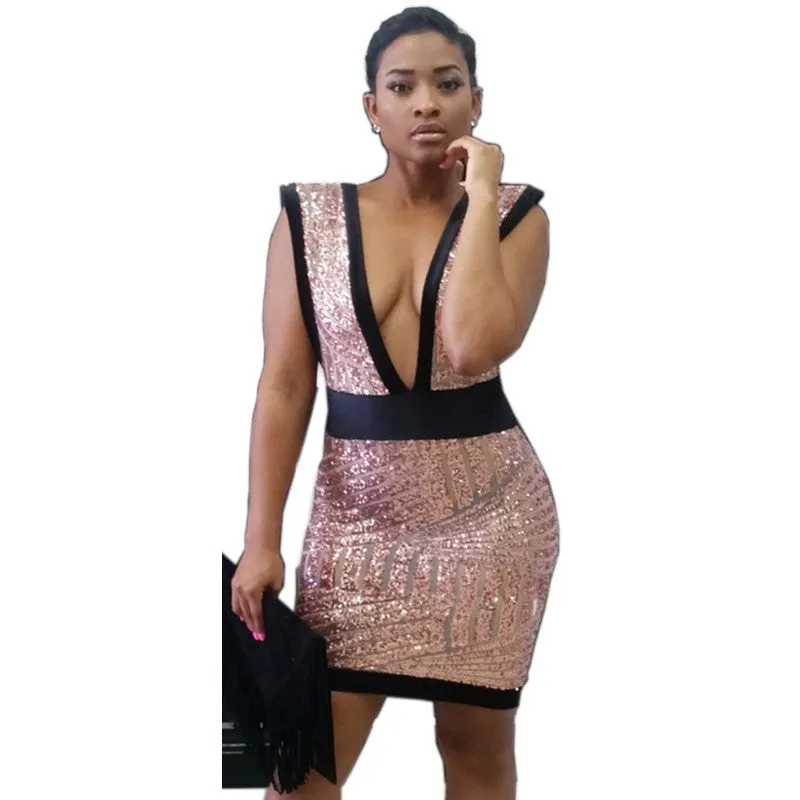 Geometric Backless Sequins Deep Plunge Zipped Back Mini Party Dress