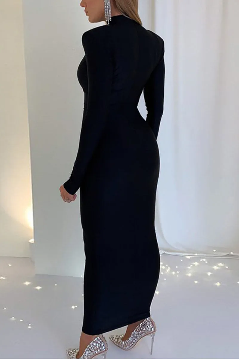 HBT1251 Round neck padded shoulder long sleeve dress