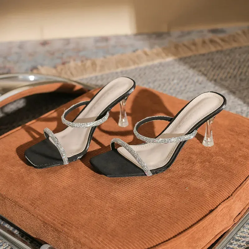 High-heeled sandals Satin rhinestones Open-toe sandals Slim high heels
