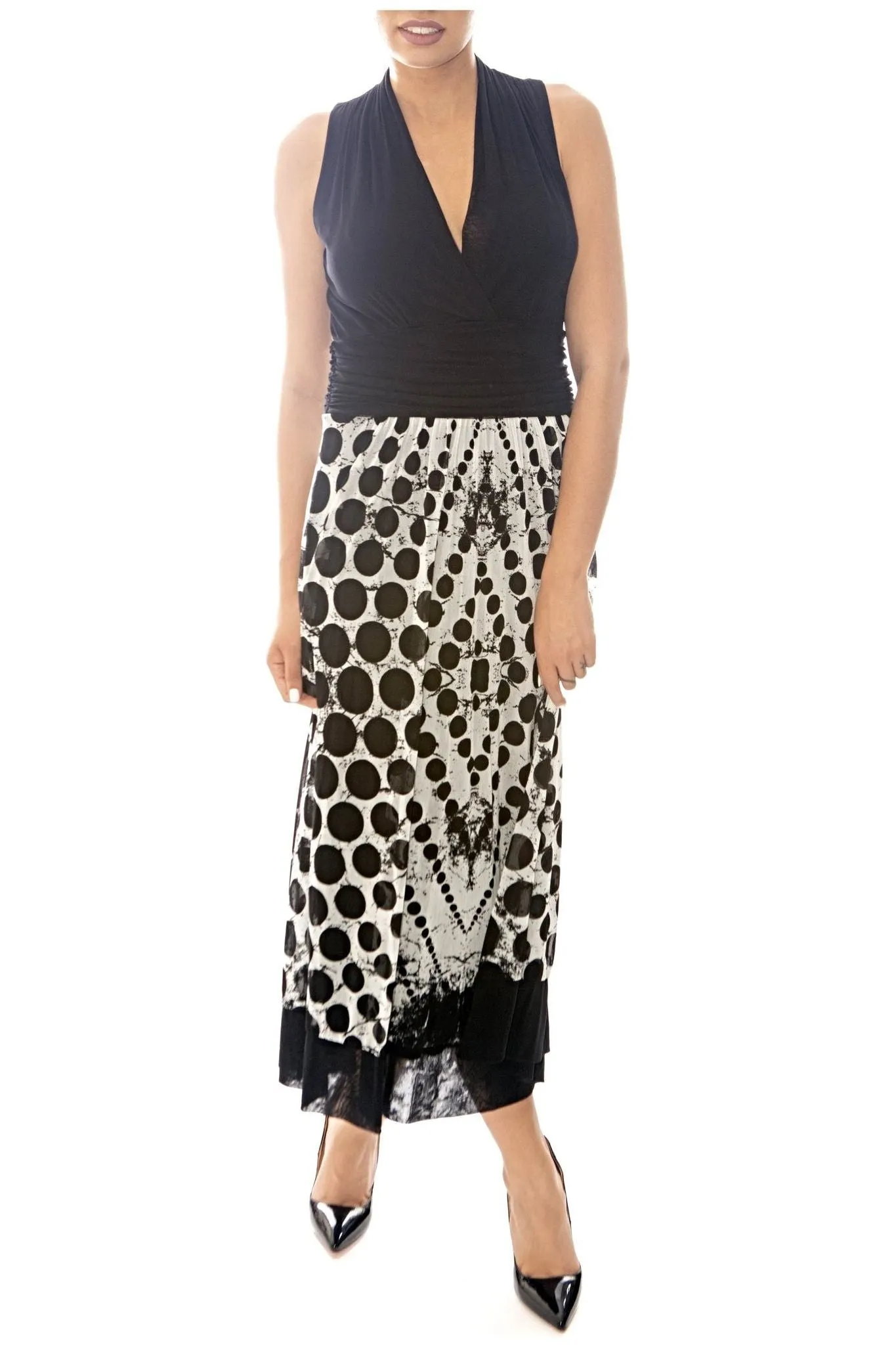 INDIRA Midi Black And White Empire Cummerbund Dress