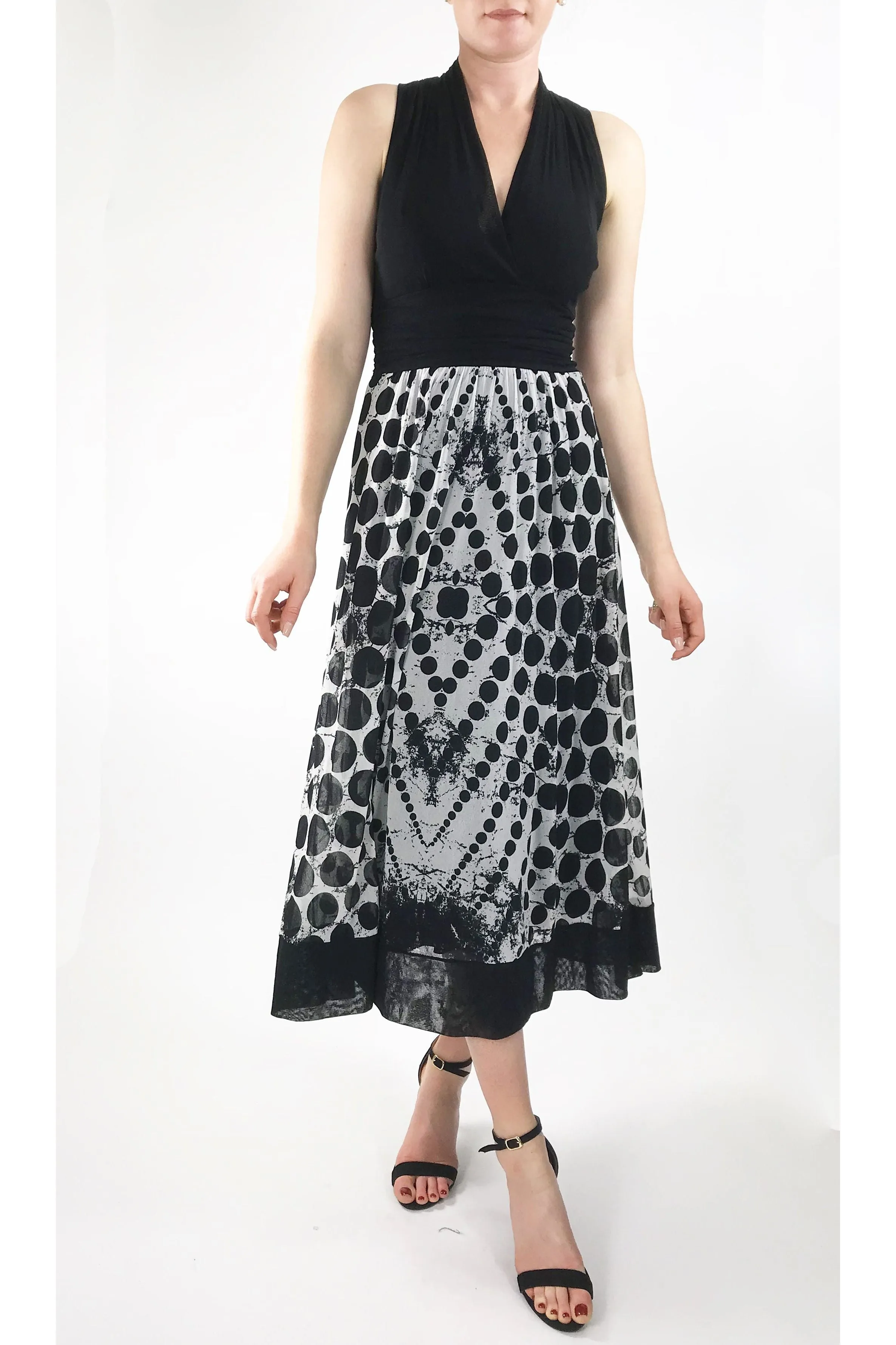 INDIRA Midi Black And White Empire Cummerbund Dress