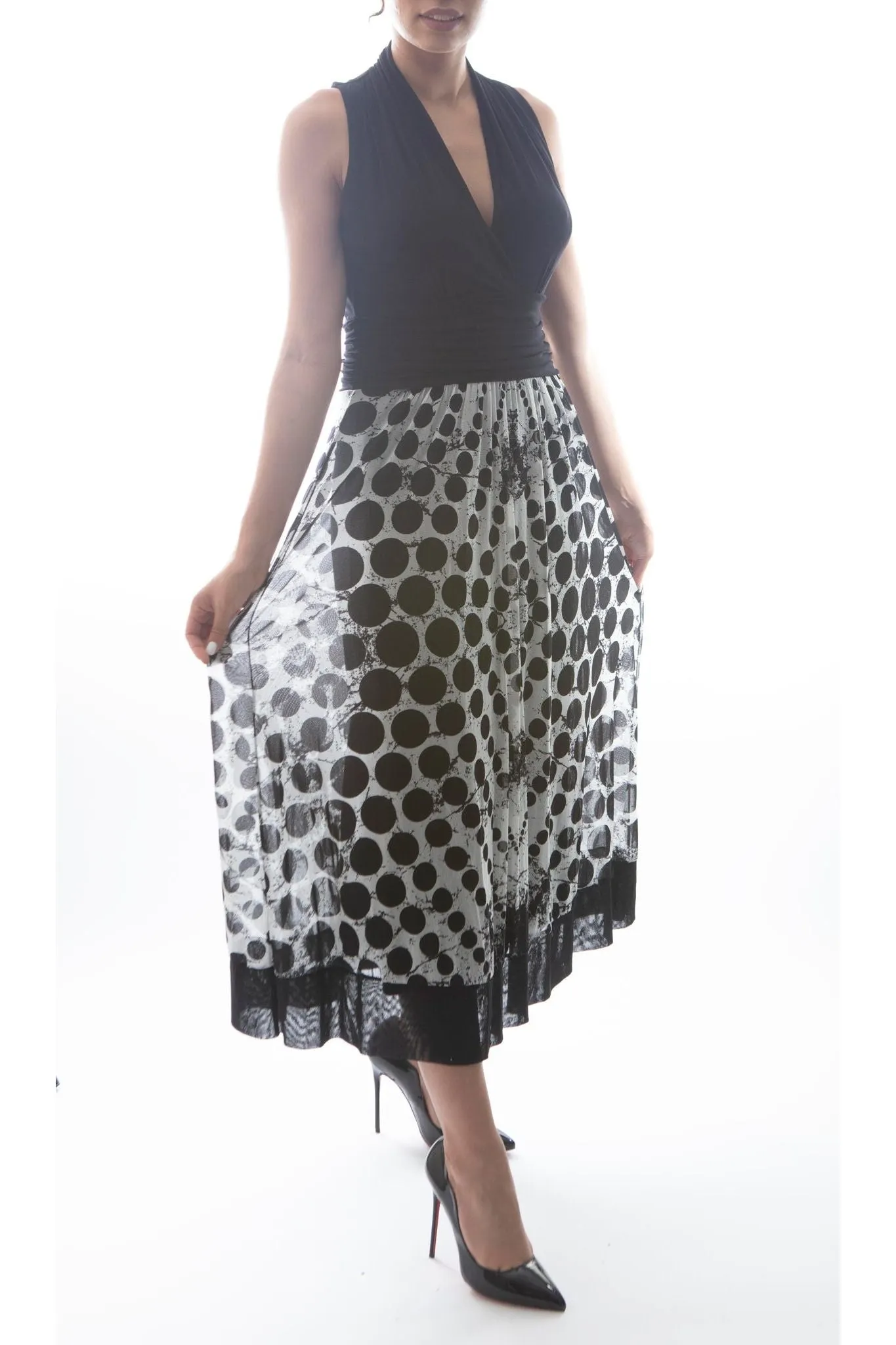 INDIRA Midi Black And White Empire Cummerbund Dress