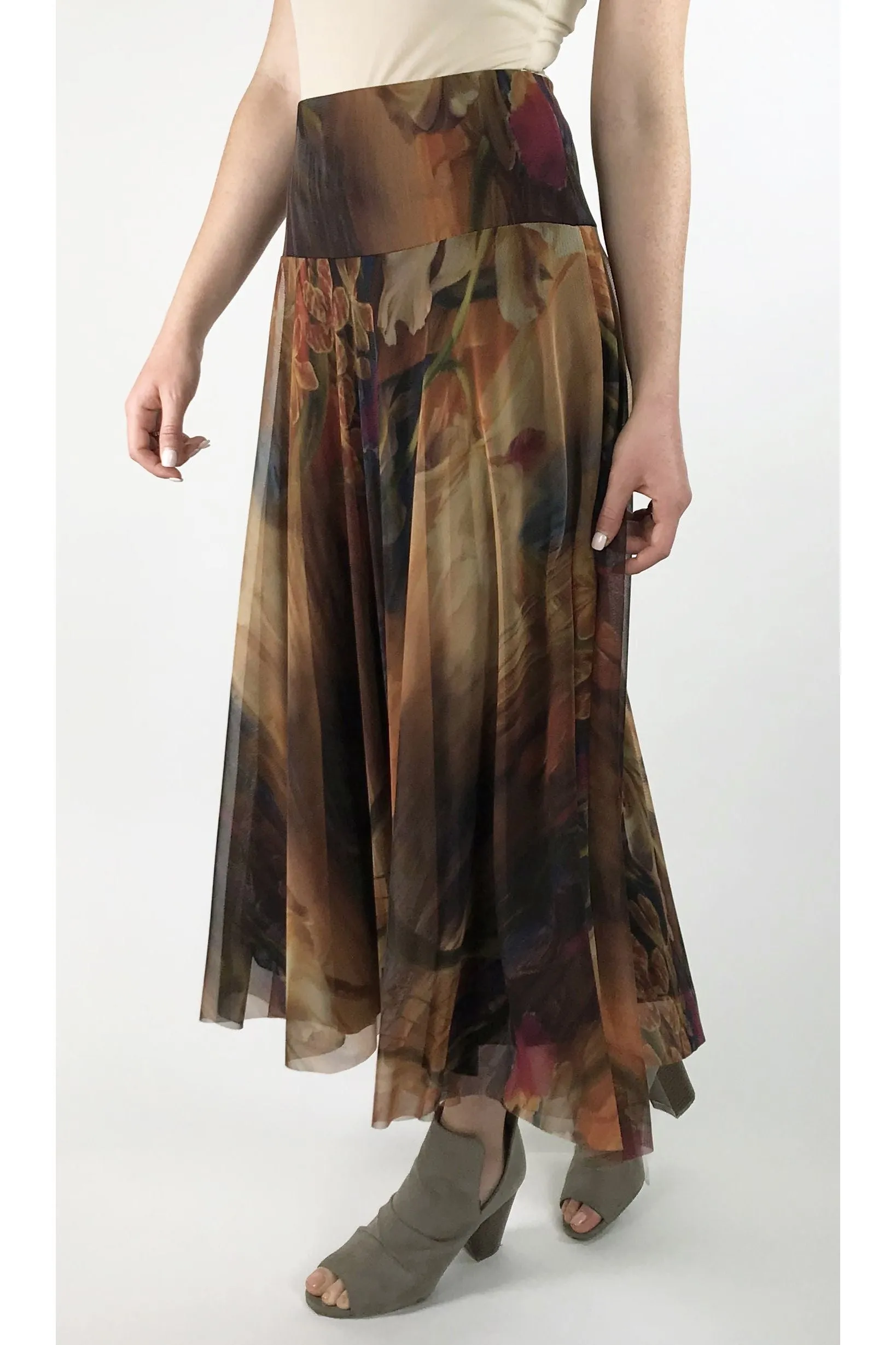 IONNA Mid Calf Flared Print Mesh Skirt