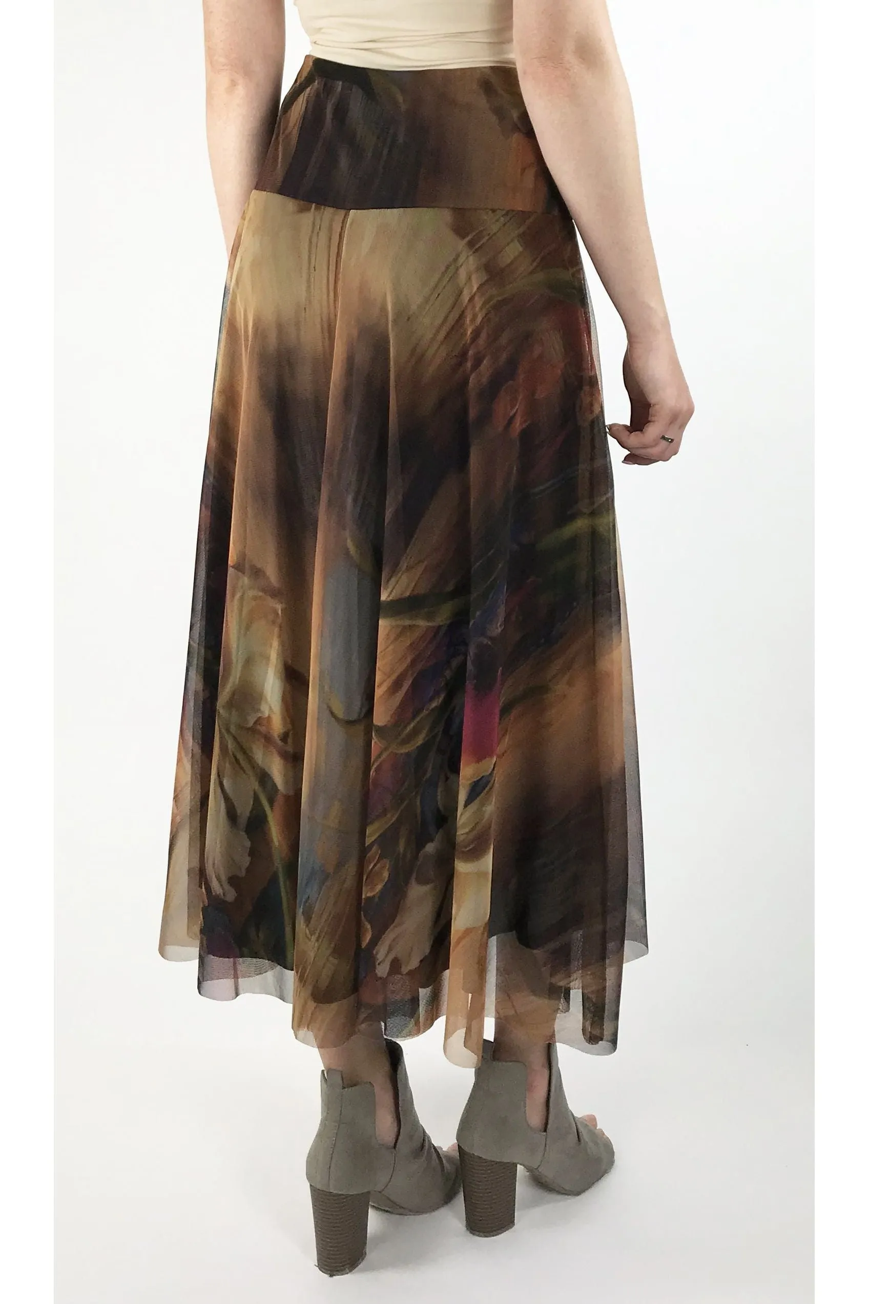 IONNA Mid Calf Flared Print Mesh Skirt
