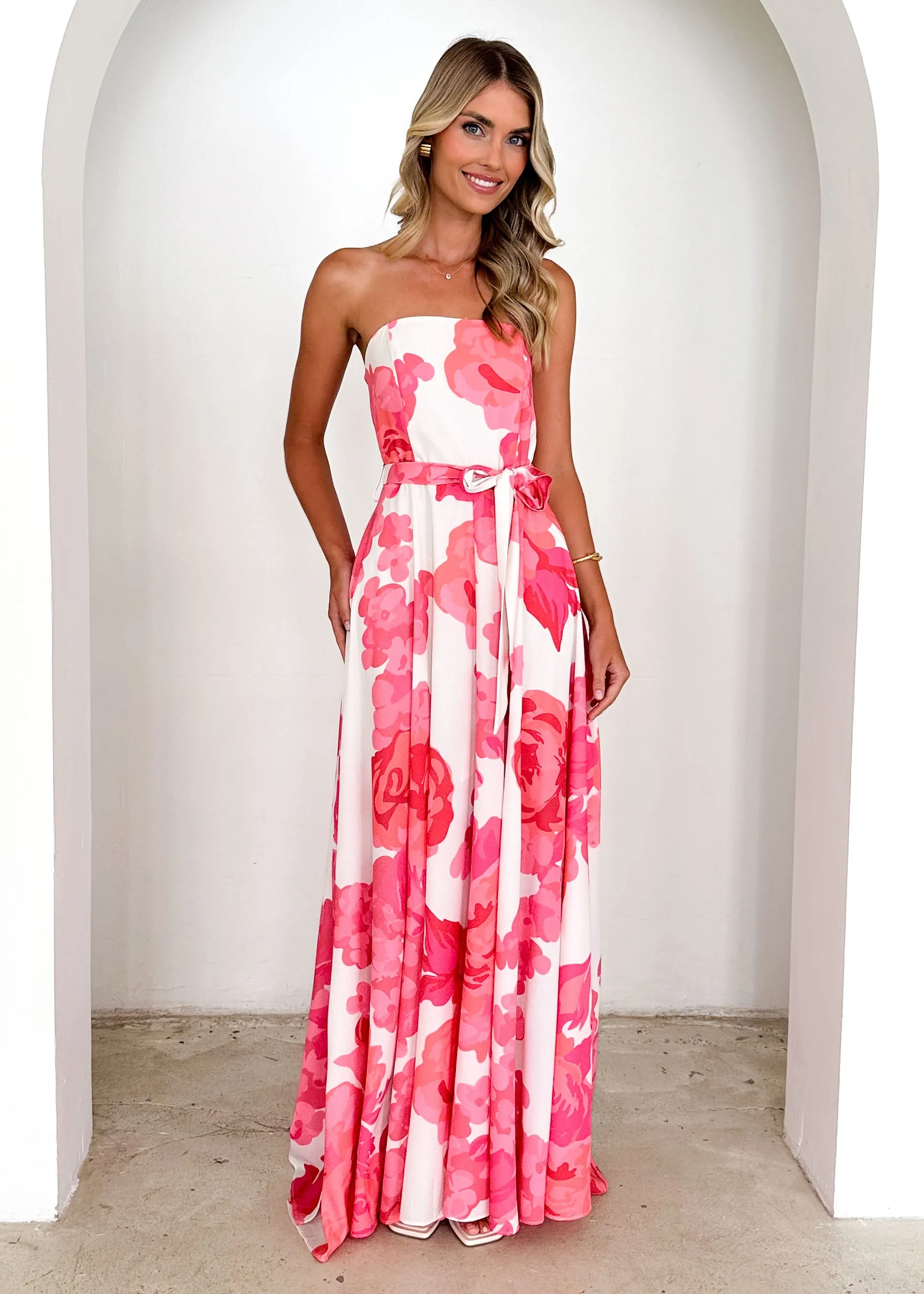 Jorgia Strapless Maxi Dress - Hot Pink Floral