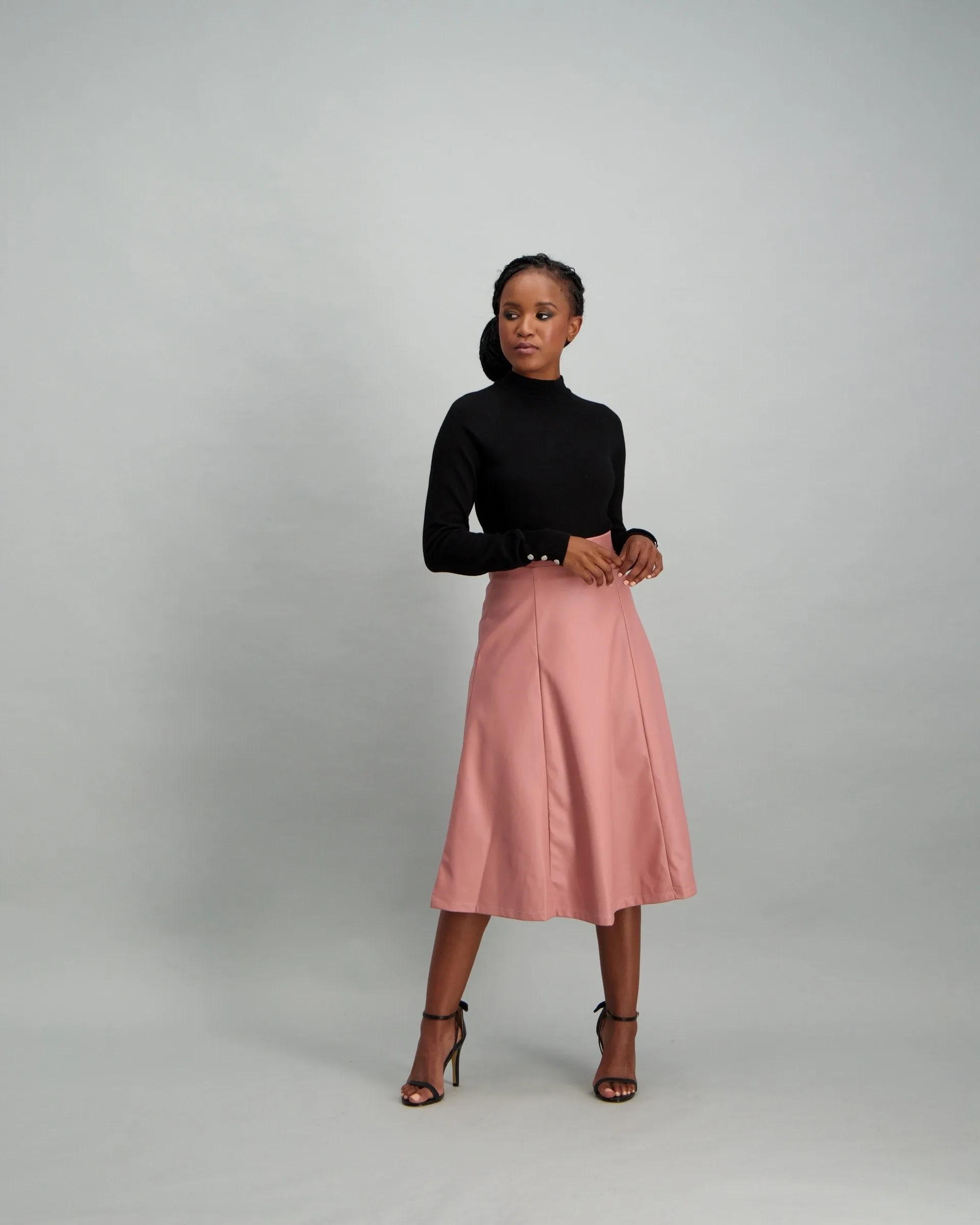 Ladies PU Flared Midi Skirt - Blush