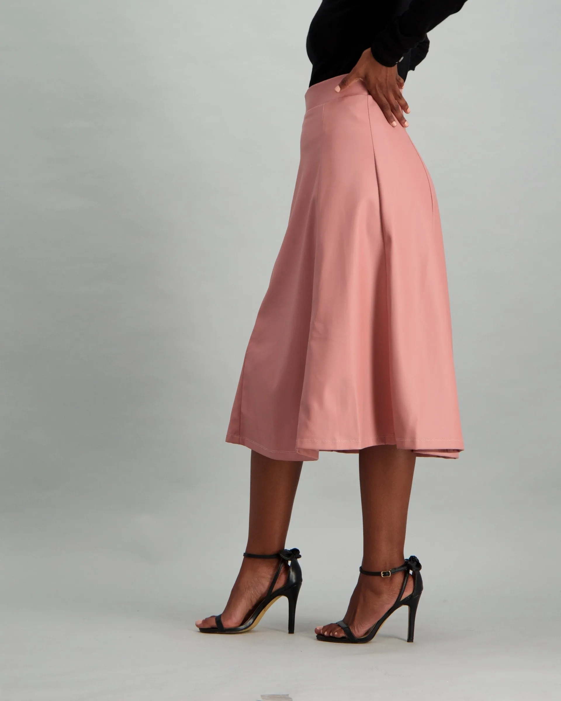 Ladies PU Flared Midi Skirt - Blush