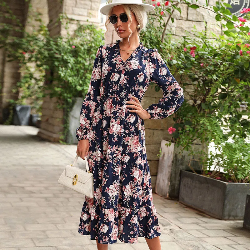 Ladies V Neck Maxi Boho Floral Printed Dress