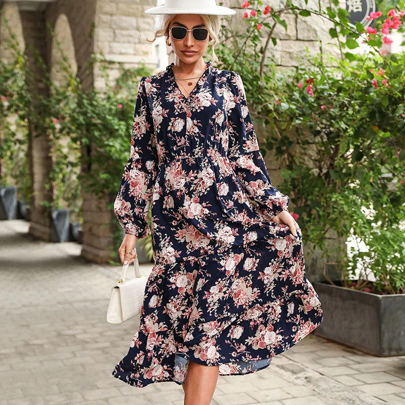 Ladies V Neck Maxi Boho Floral Printed Dress