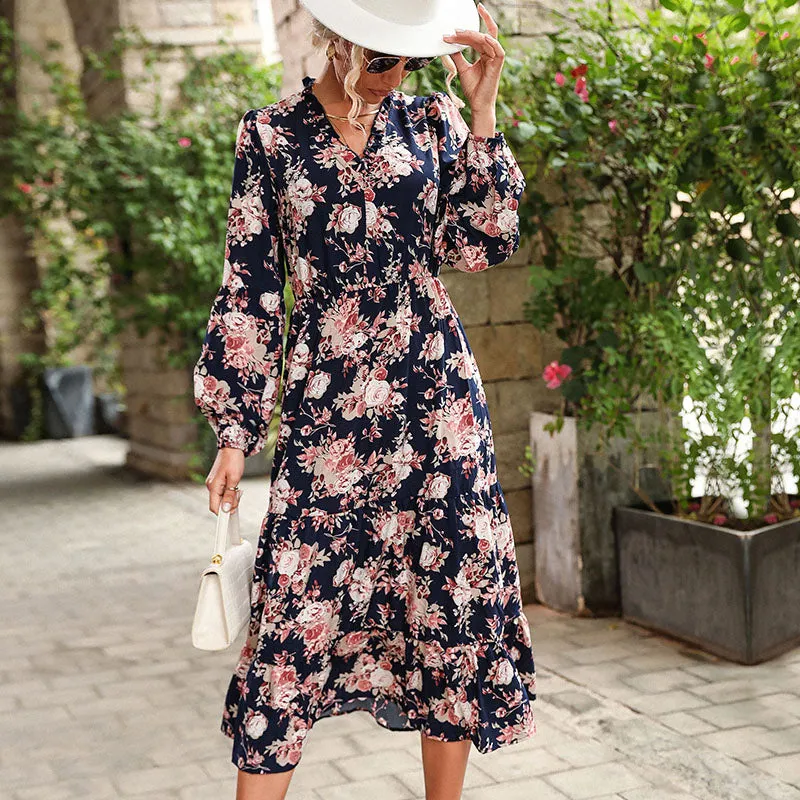 Ladies V Neck Maxi Boho Floral Printed Dress