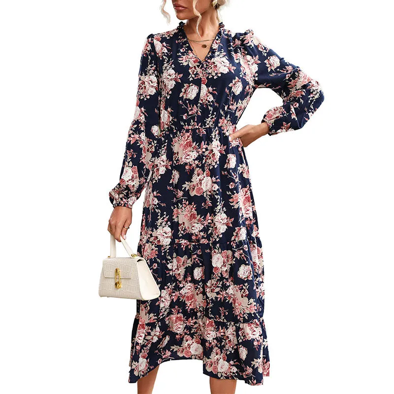 Ladies V Neck Maxi Boho Floral Printed Dress