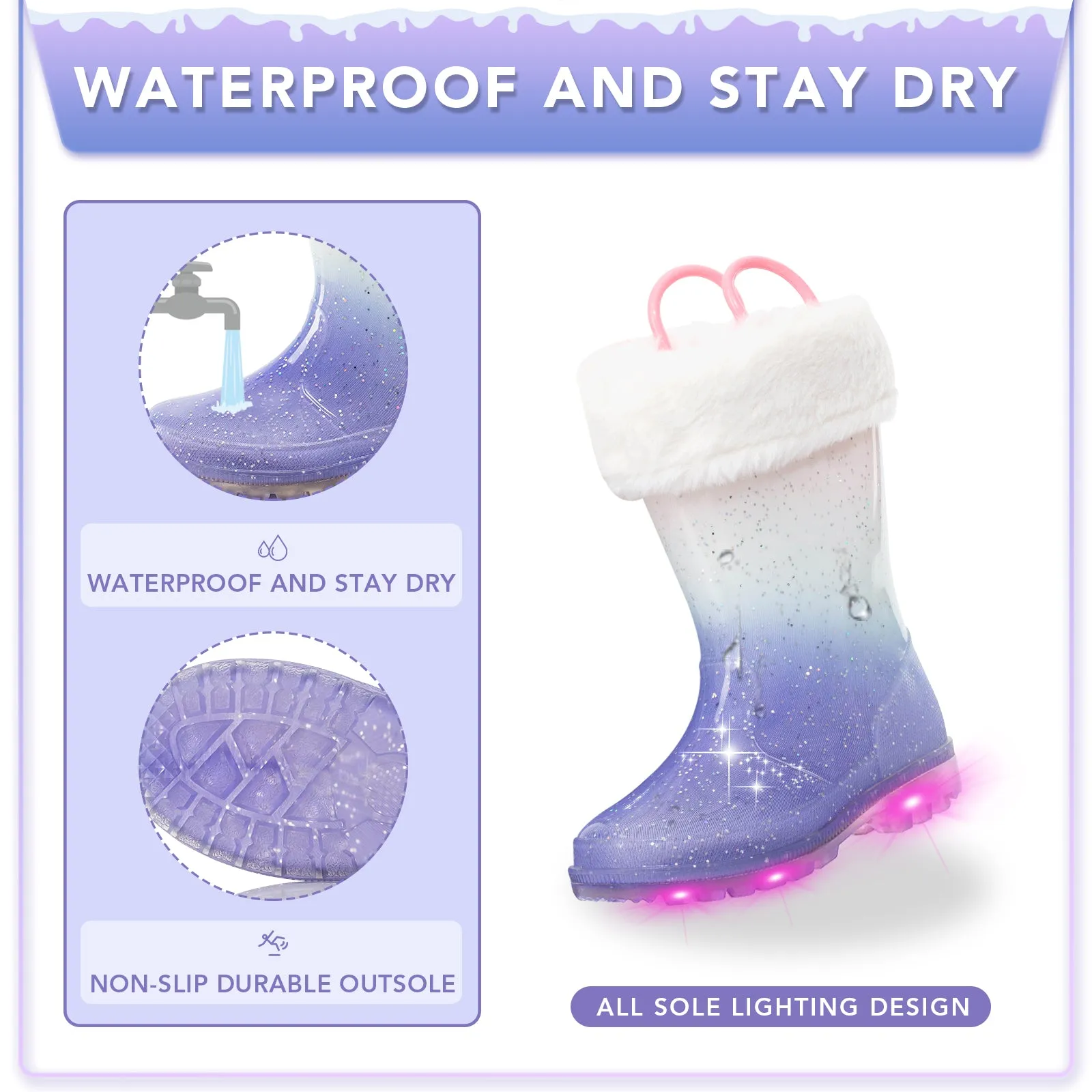 Light Up Purple Warm Kids Rain Boots