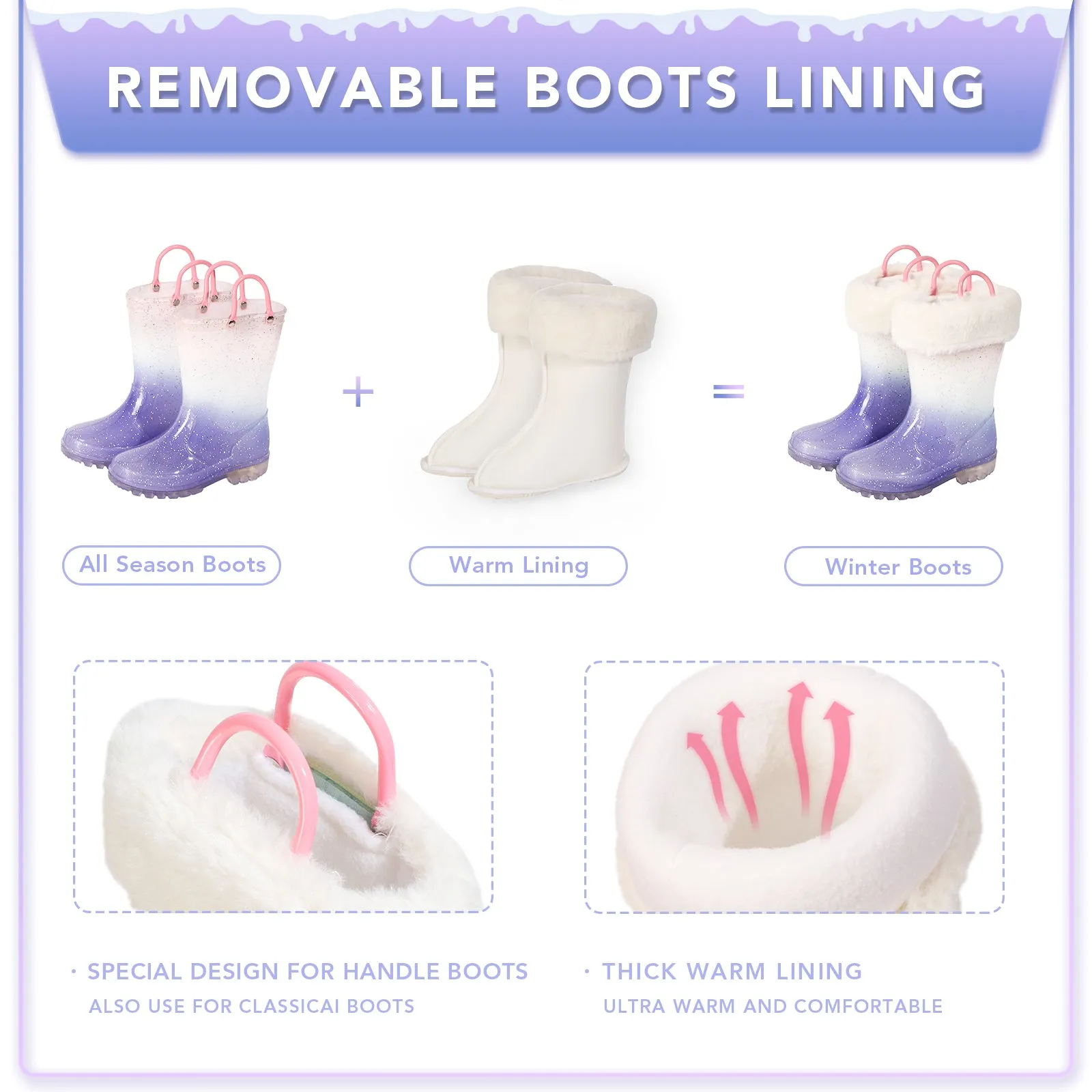Light Up Purple Warm Kids Rain Boots