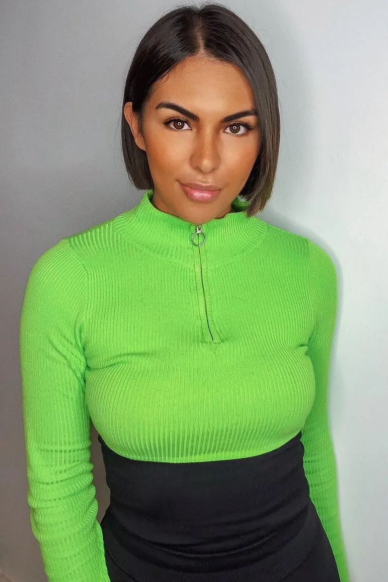 Lime Half Zip Rib Crop Jumper - Elisea