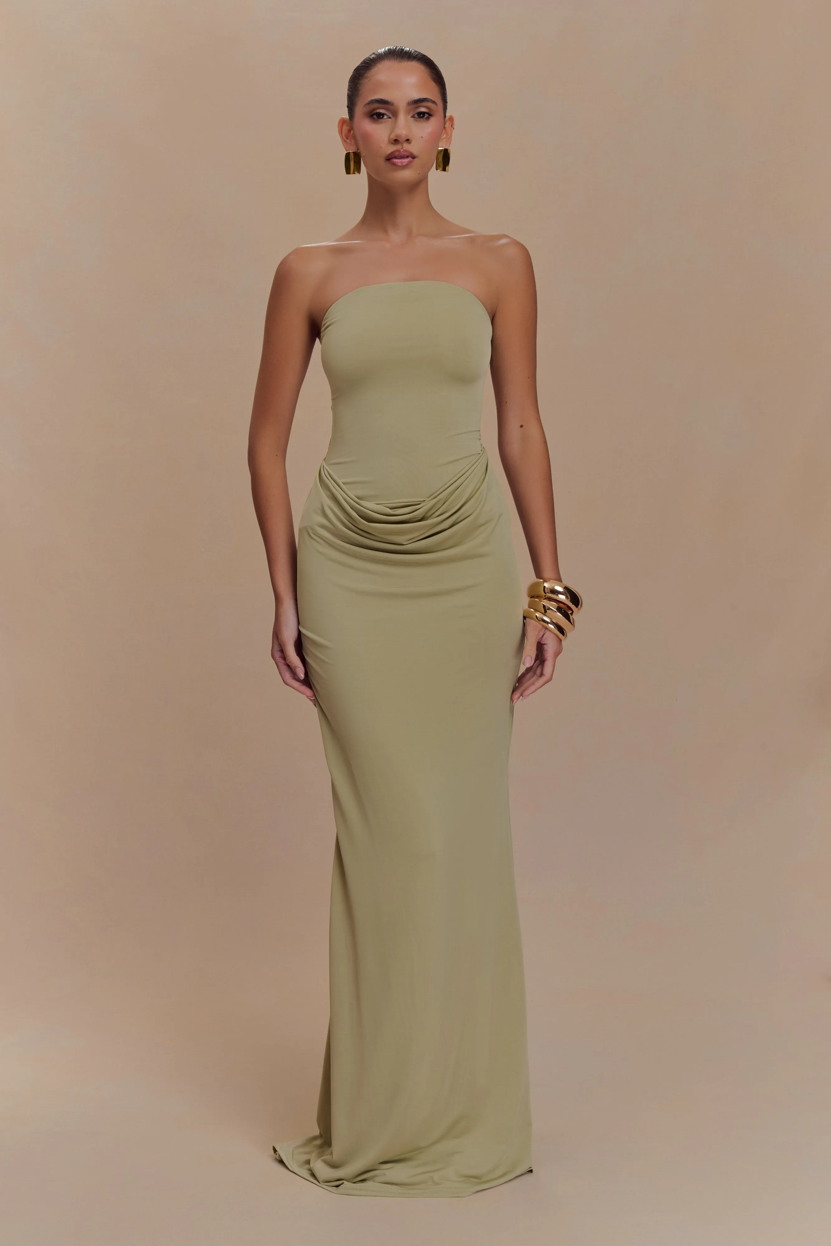 Madison Strapless Slinky Maxi Dress - Sage