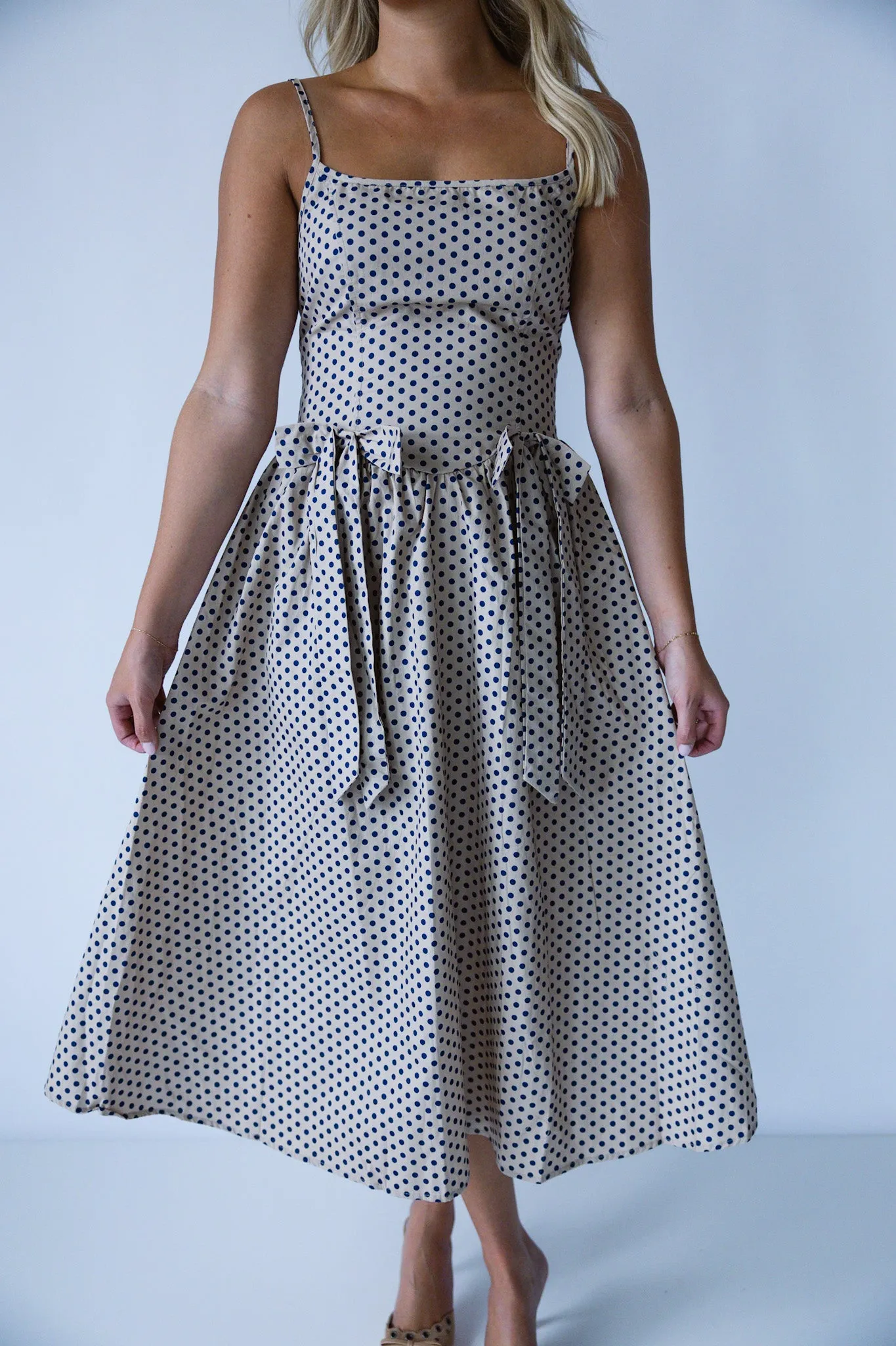 Navy Polka Dot Bow Dress-Final Sale