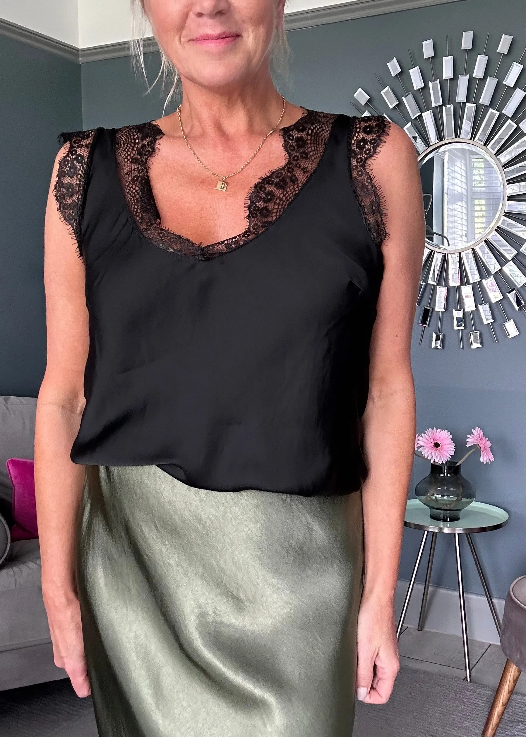 Navy Satin/Lace V Neck Top