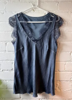 Navy Satin/Lace V Neck Top