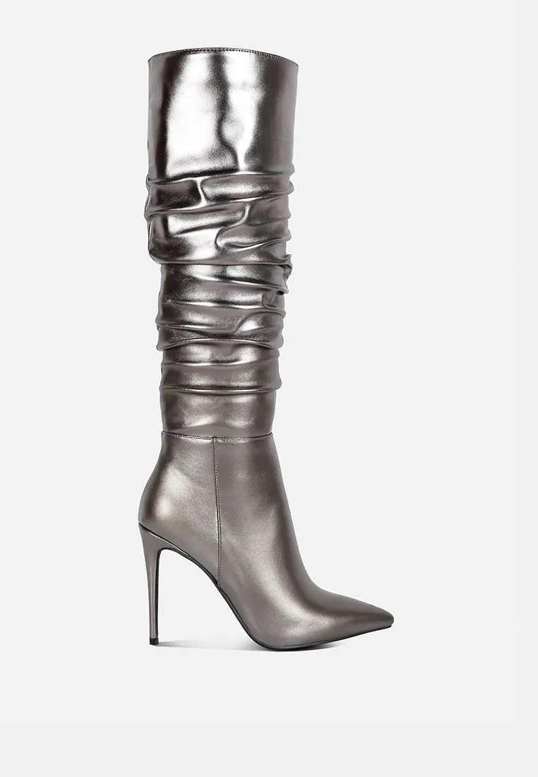 New Expression Metallic Ruched Stiletto Calf Boots By Ruw