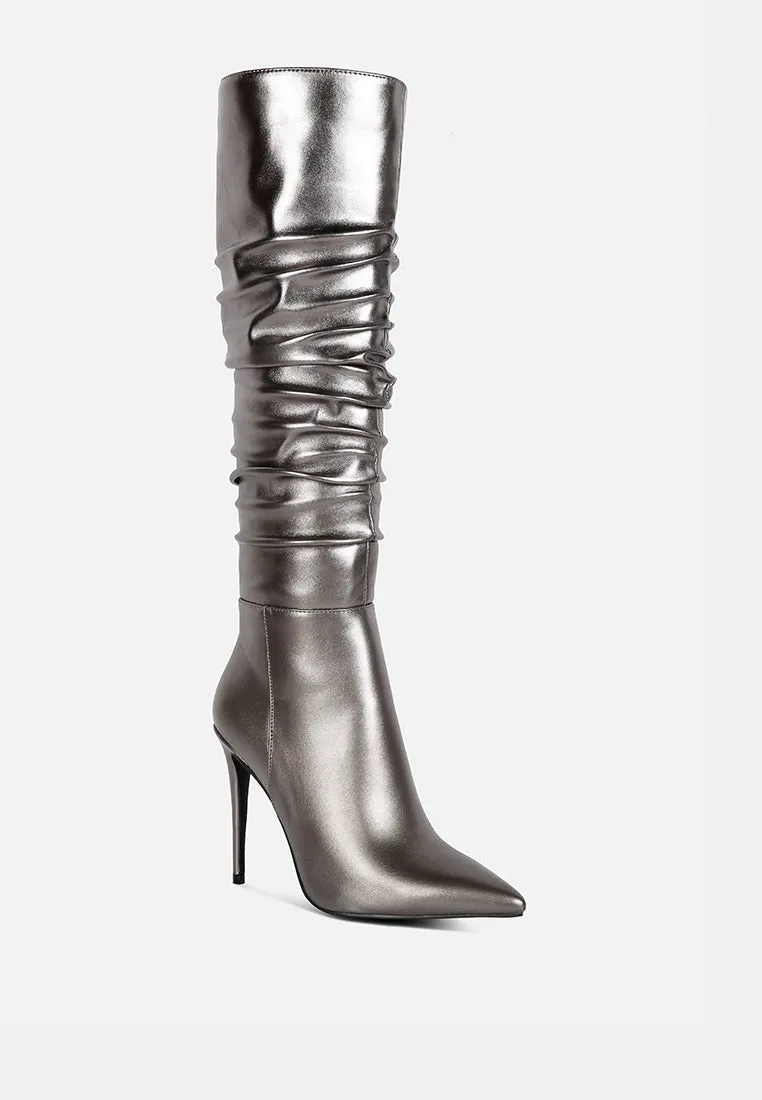 New Expression Metallic Ruched Stiletto Calf Boots By Ruw