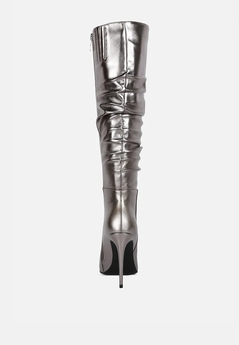 New Expression Metallic Ruched Stiletto Calf Boots By Ruw