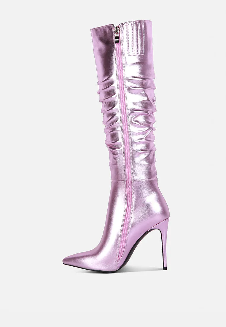 New Expression Metallic Ruched Stiletto Calf Boots By Ruw