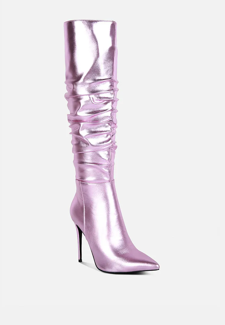 New Expression Metallic Ruched Stiletto Calf Boots By Ruw