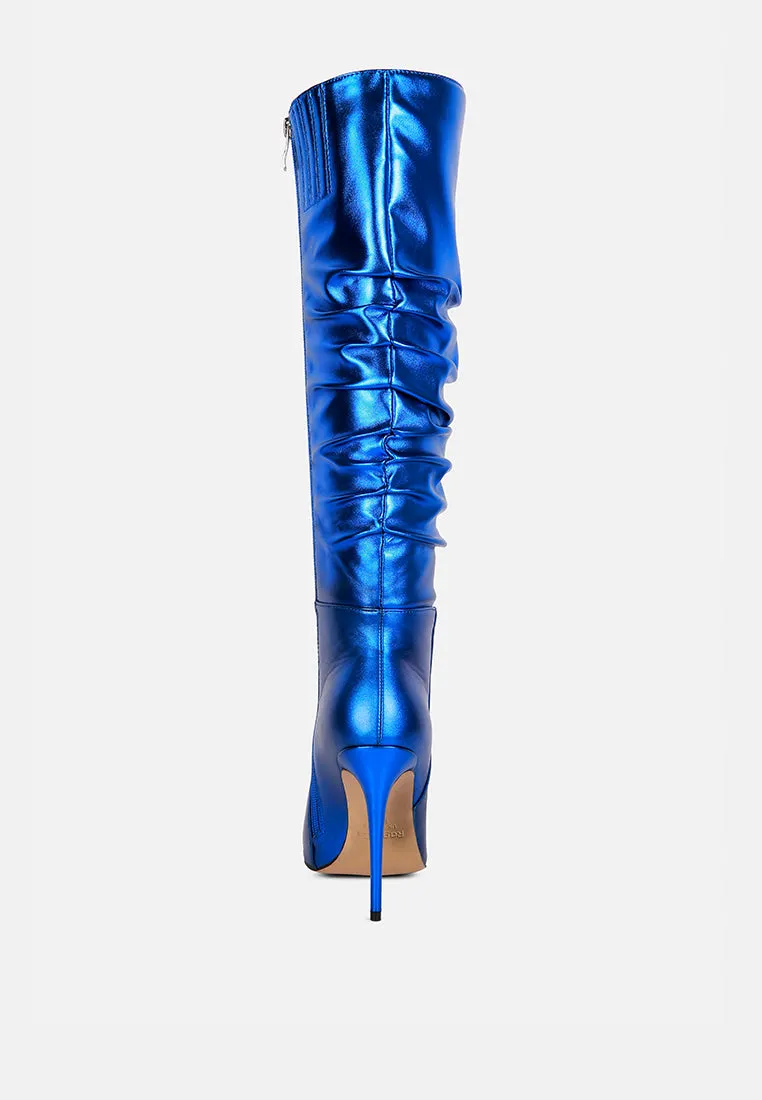 New Expression Metallic Ruched Stiletto Calf Boots By Ruw