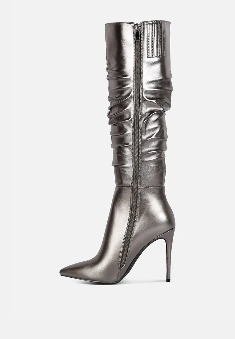 New Expression Metallic Ruched Stiletto Calf Boots By Ruw