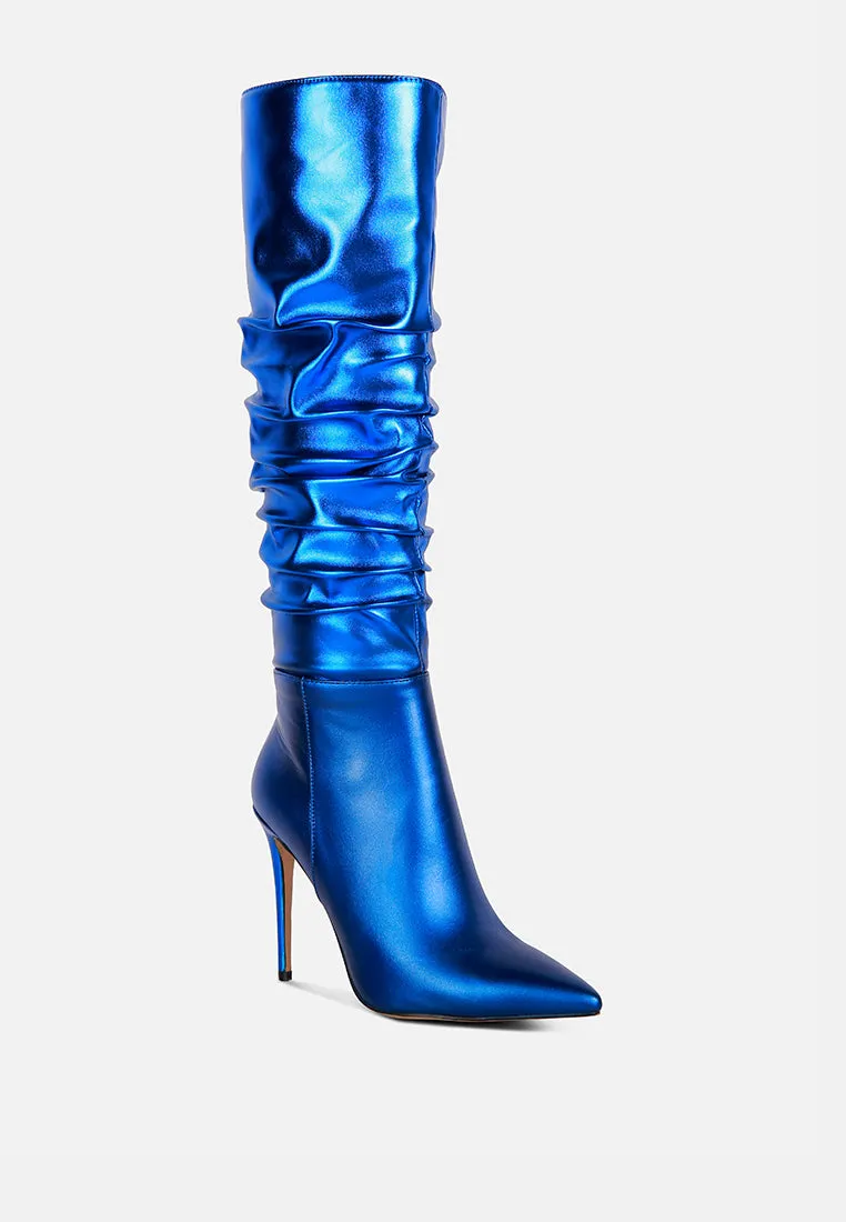 New Expression Metallic Ruched Stiletto Calf Boots By Ruw