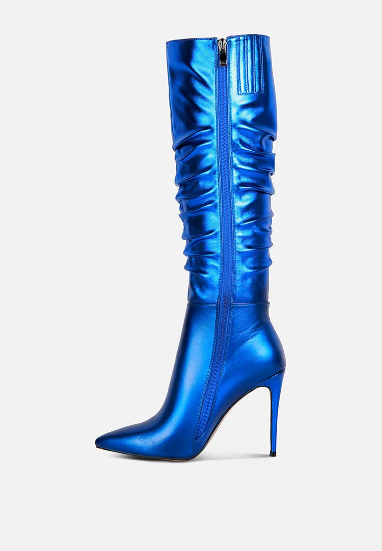 New Expression Metallic Ruched Stiletto Calf Boots By Ruw