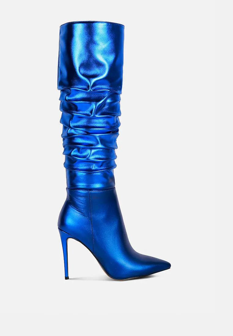 New Expression Metallic Ruched Stiletto Calf Boots By Ruw
