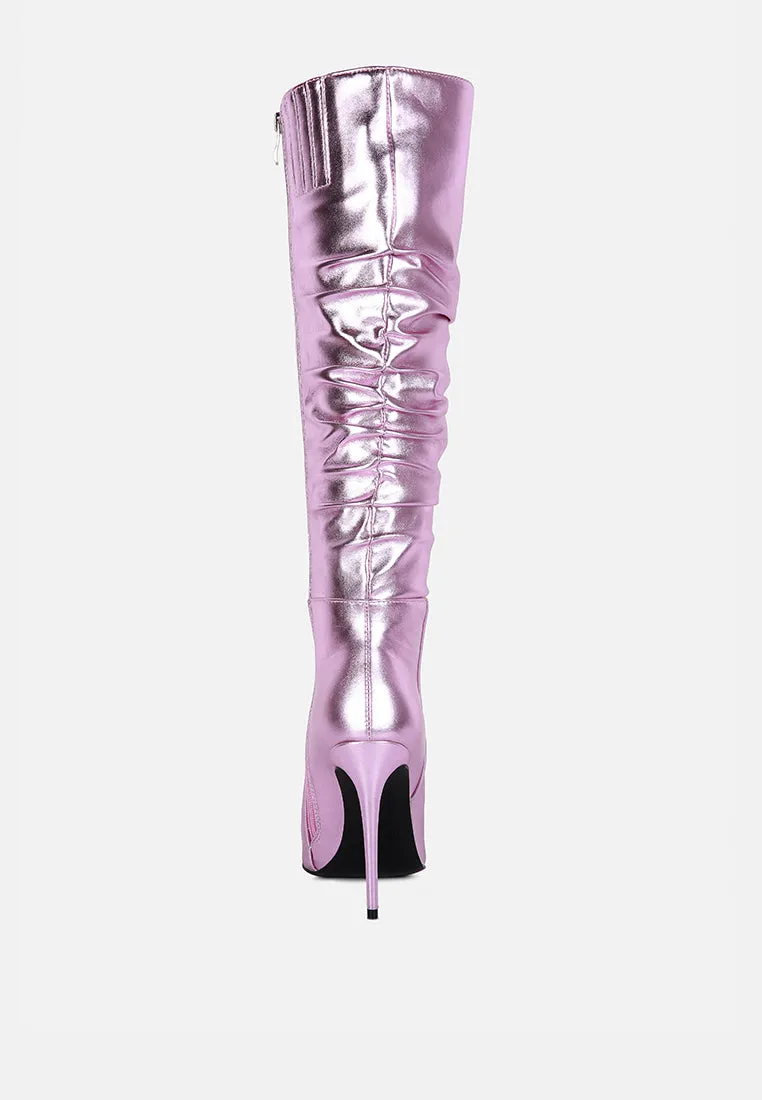 New Expression Metallic Ruched Stiletto Calf Boots By Ruw