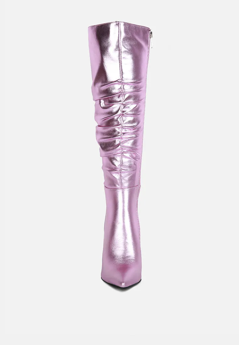 New Expression Metallic Ruched Stiletto Calf Boots By Ruw