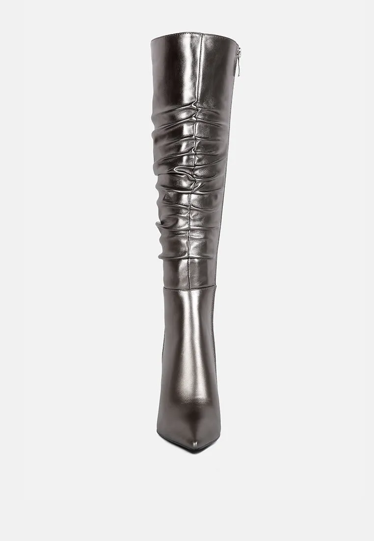 New Expression Metallic Ruched Stiletto Calf Boots By Ruw