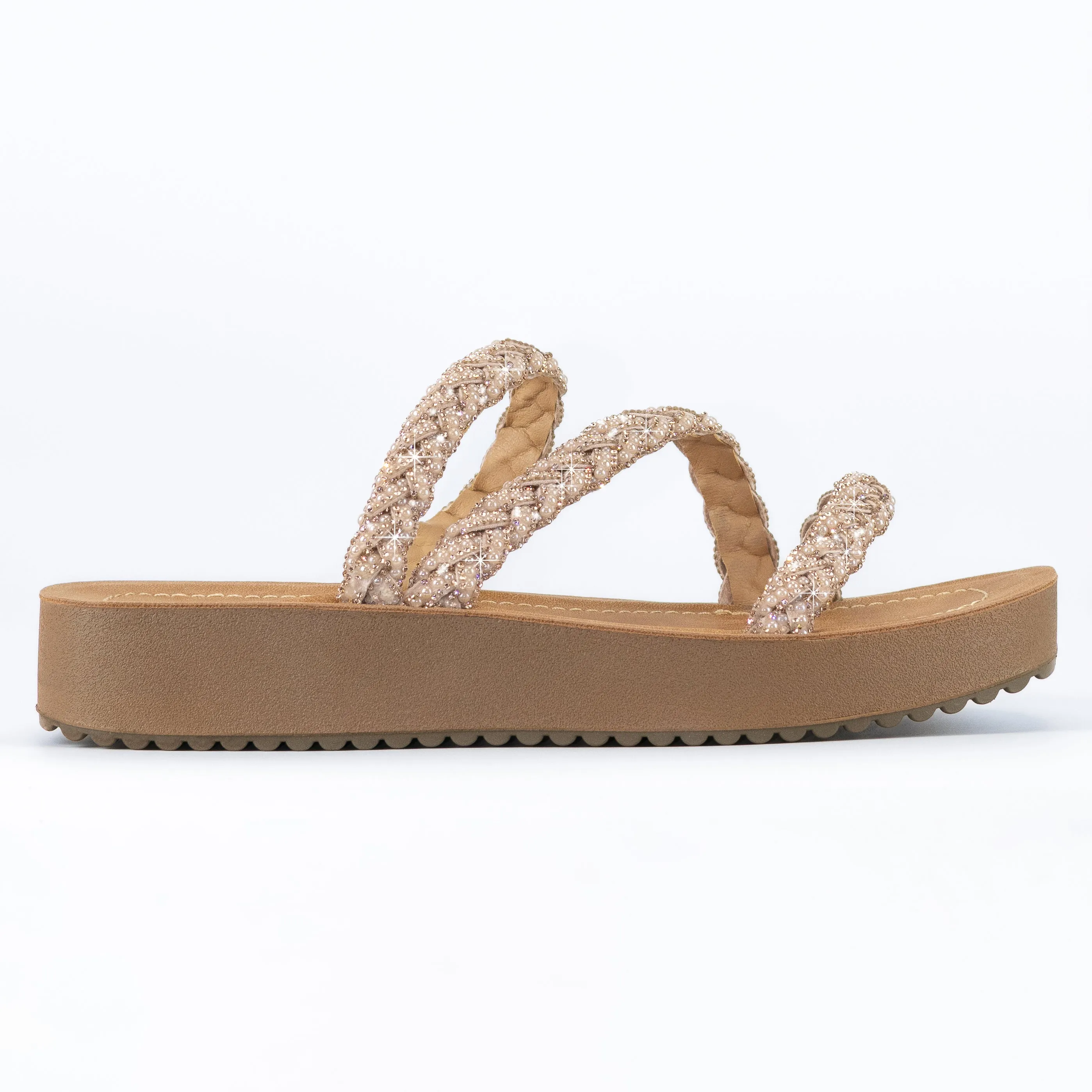 Perla - Rhinestone Braided Straps Slip-On Sandals