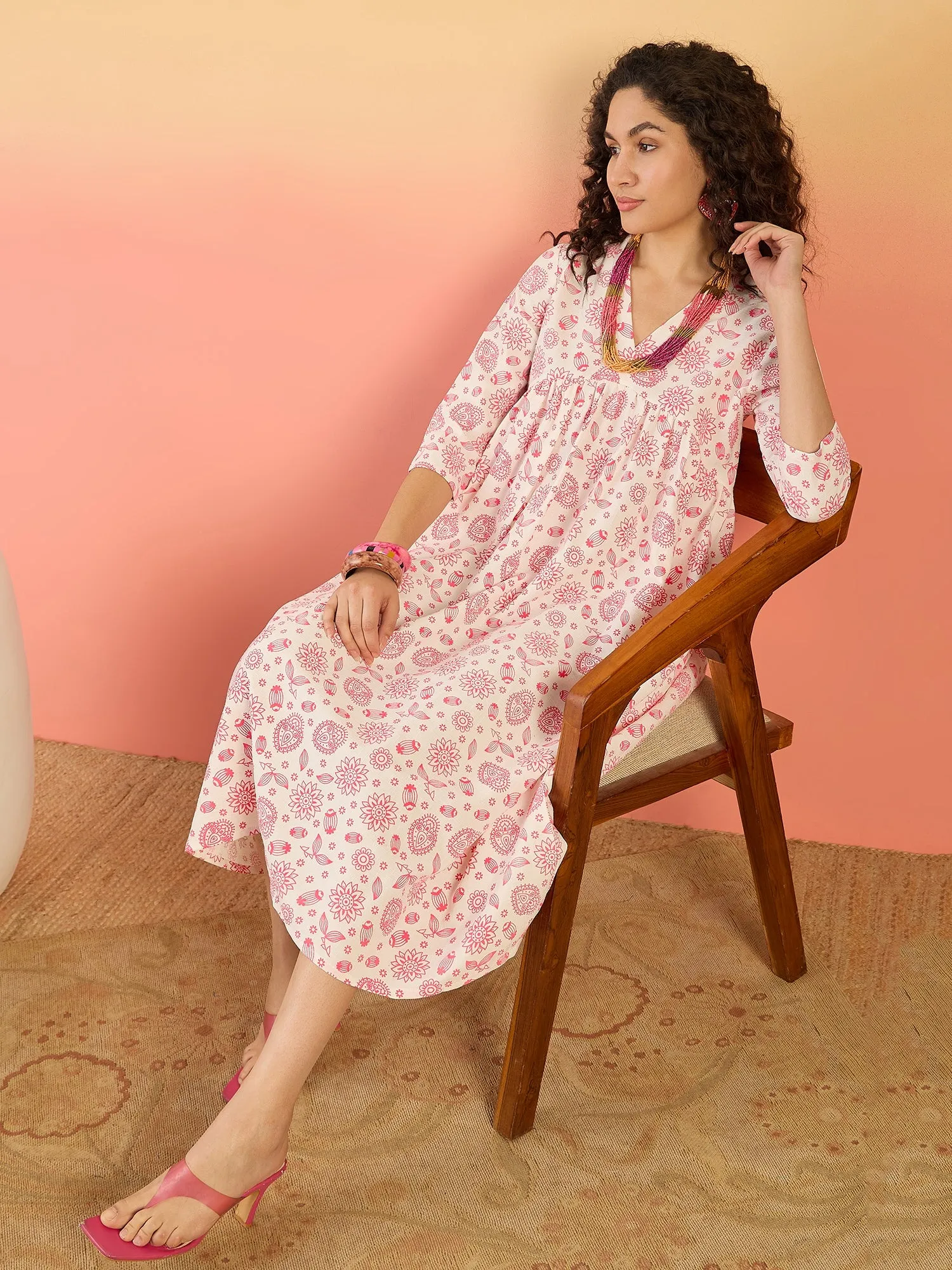 Pink White Rubber Print Flared Dress