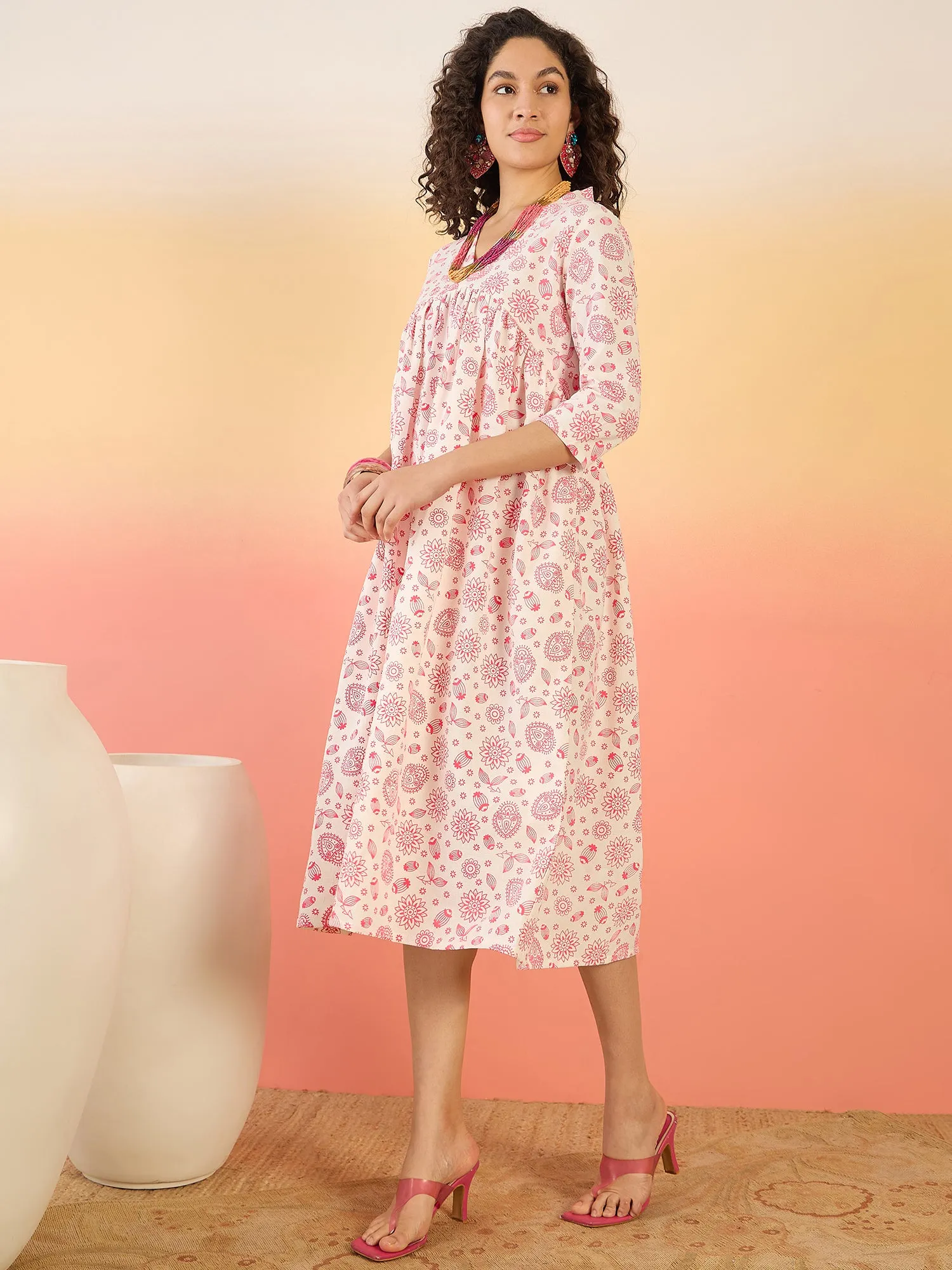 Pink White Rubber Print Flared Dress