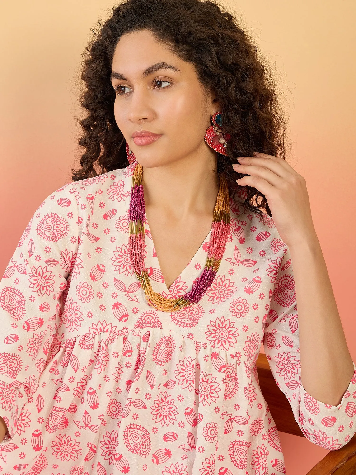 Pink White Rubber Print Flared Dress
