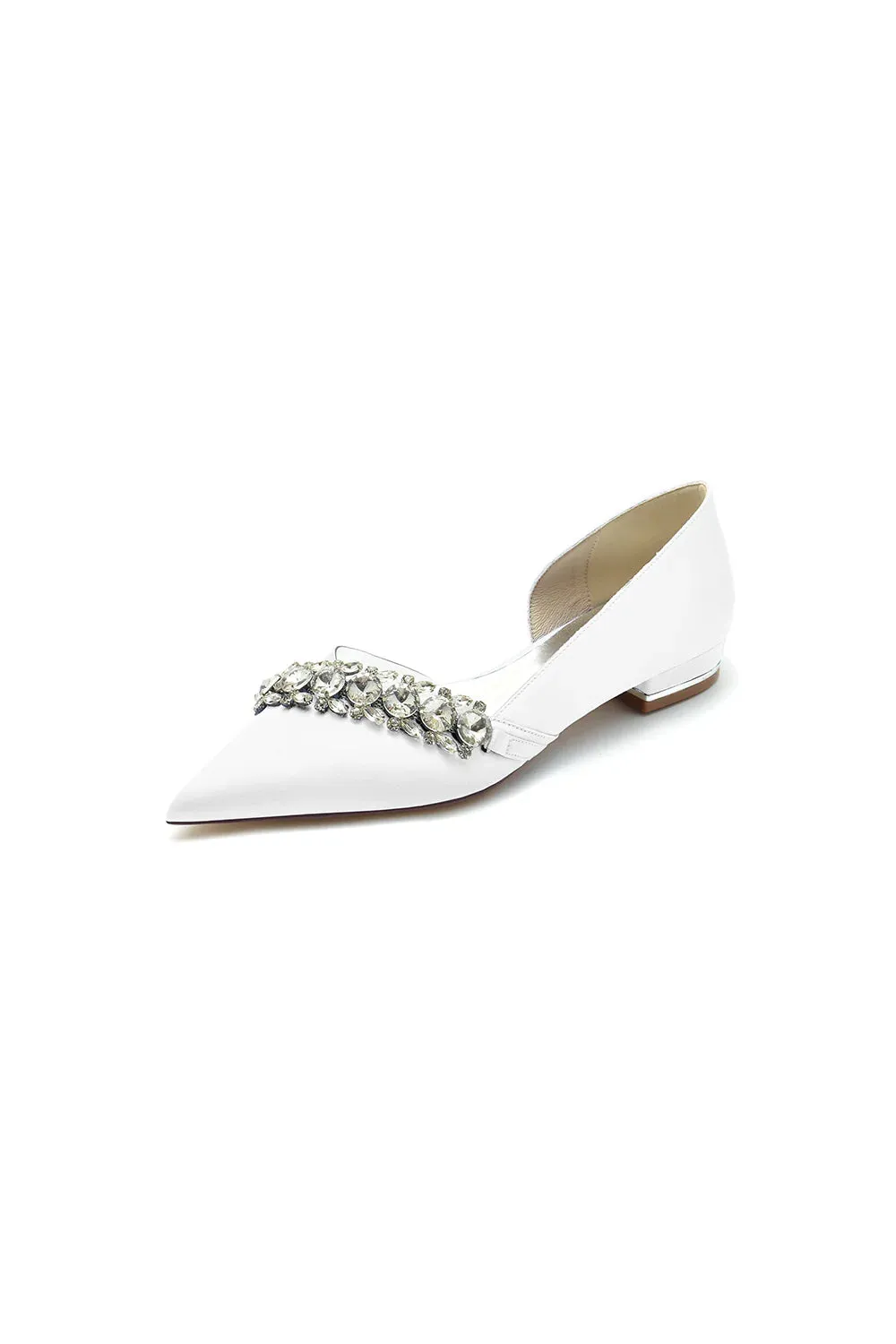 Pointed Toe Slip-on Satin Low Heels With Rhinestone